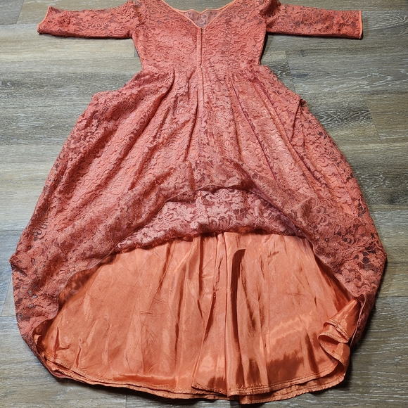 Vintage 70s Coral Lace Long Sleeve Dress Elegant Rare - Picture 3 of 8